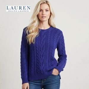 Lauren Ralph Lauren Royal Blue Cotton Cable Knit Crewneck Sweater S Classic